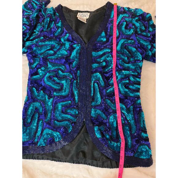 VTG 80s 90s Joan Leslie Studios Silk Sequin Beaded Abstract Glam Party Jacket Sm - Picture 10 of 10